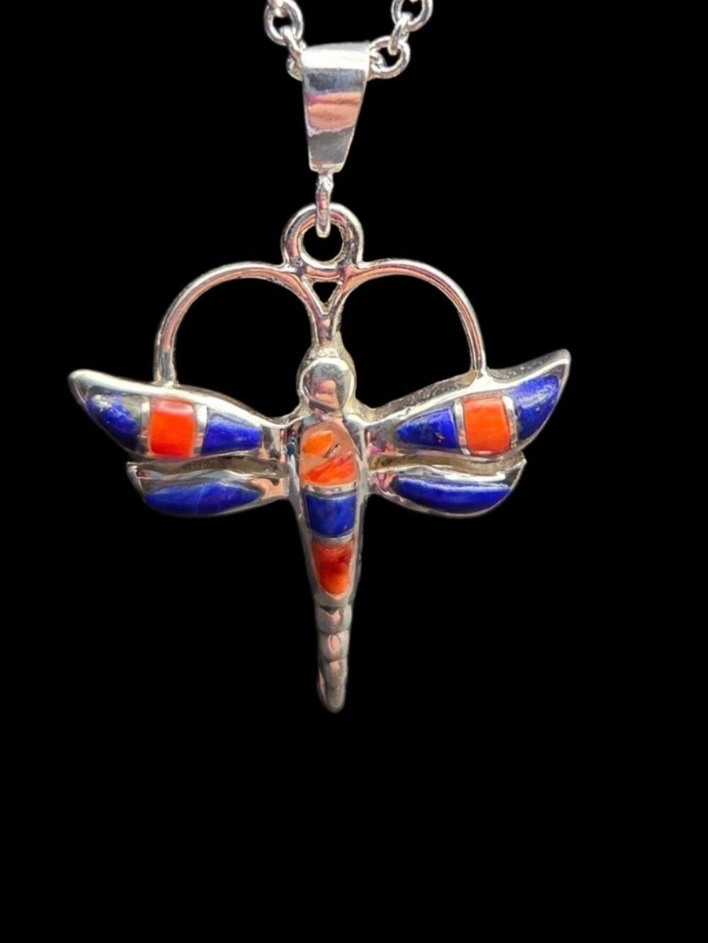 Sterling Silver Dragonfly Pendant, Lapis & Spiny Oyster Inlay